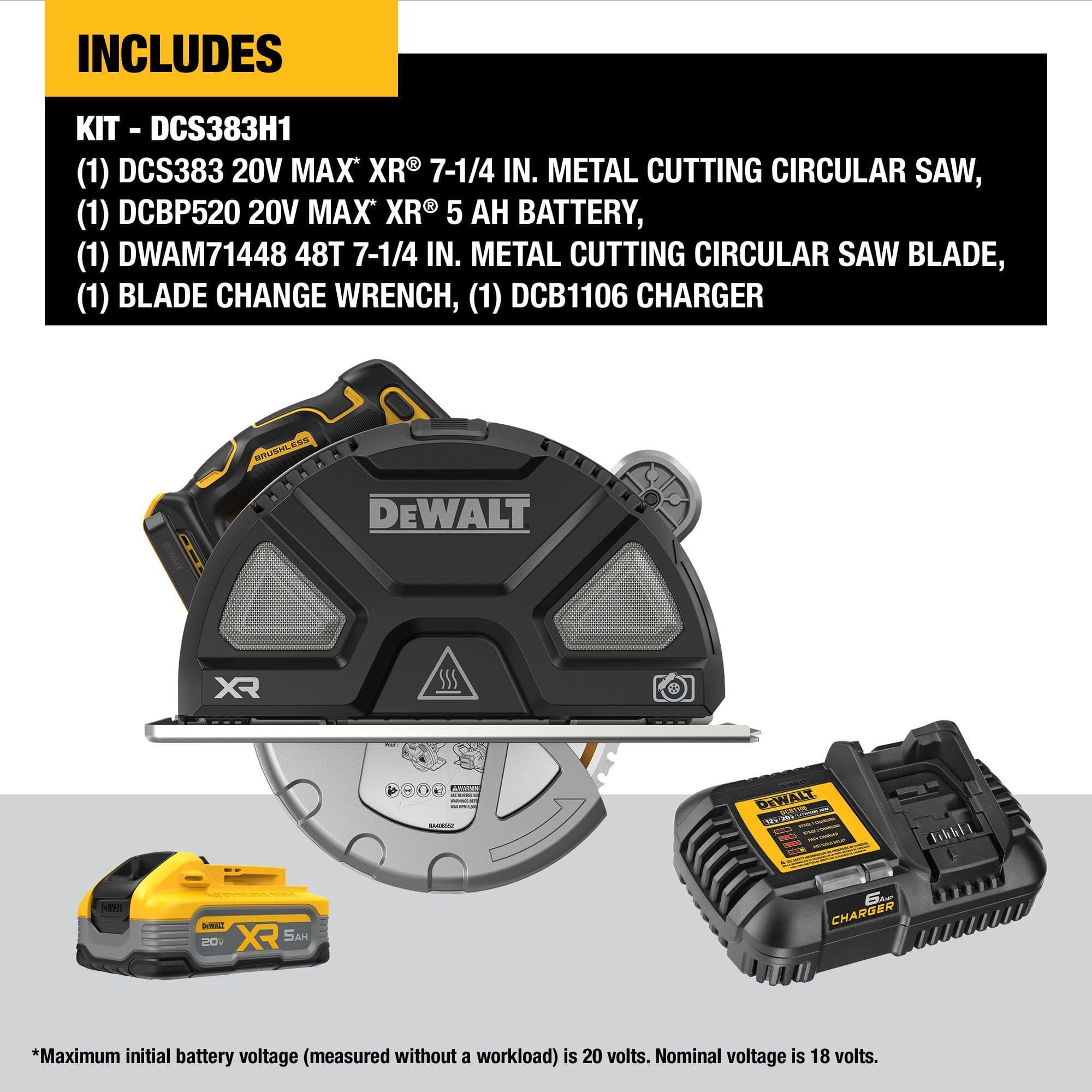DEWALT DCS383H1 cordless metal cutting circular saw kit pieces displayed on a grey baseline panel highlighting the complete DCS383H1 kit contents including the handheld saw assembly tool base standalone 5 Ah battery pack blade wrench and fast charger module