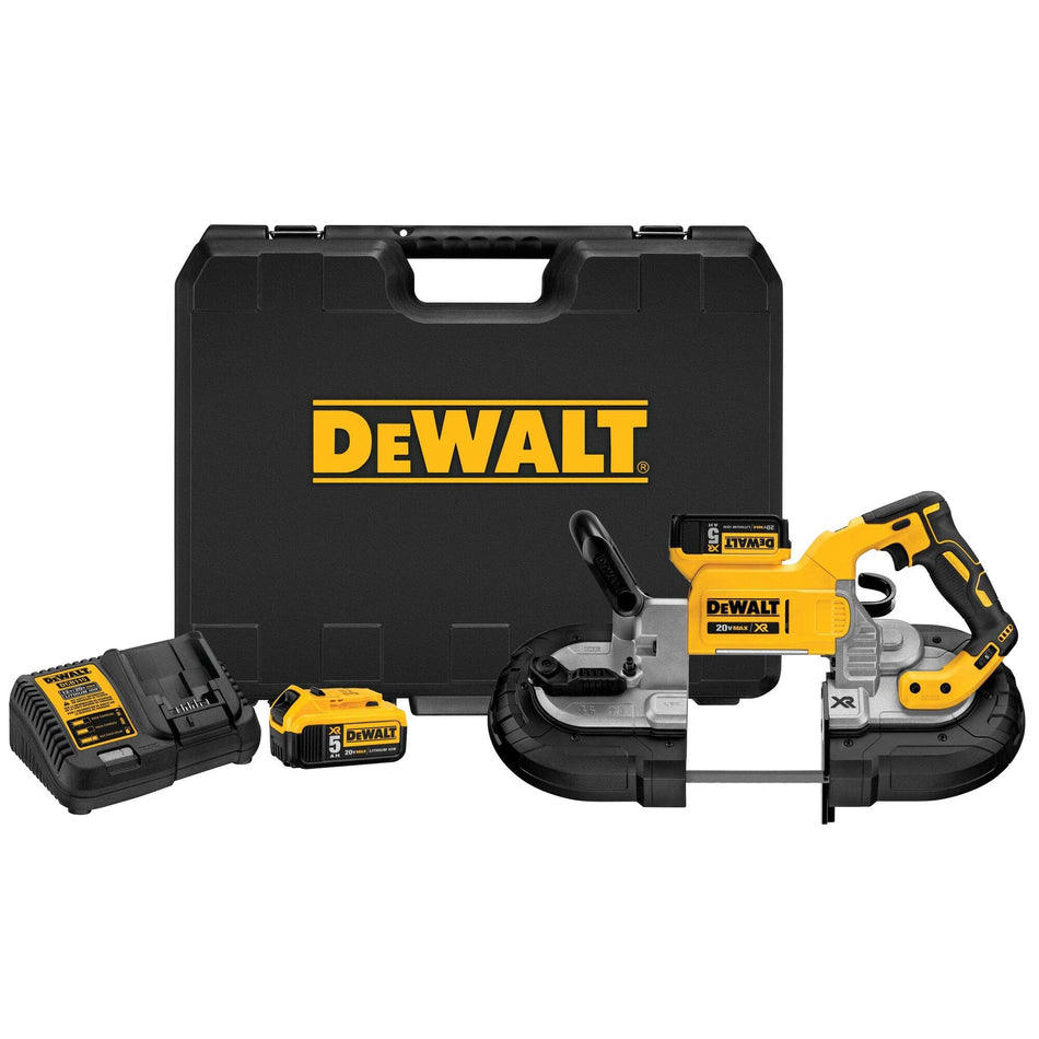 DEWALT DCS374P2 20V MAX XR cordless deep cut portable bandsaw kit components including the brushless power tool assembly a black hard sided kit box with a yellow logo an 8 amp fast charger and a secondary 5.0 Ah lithium ion battery