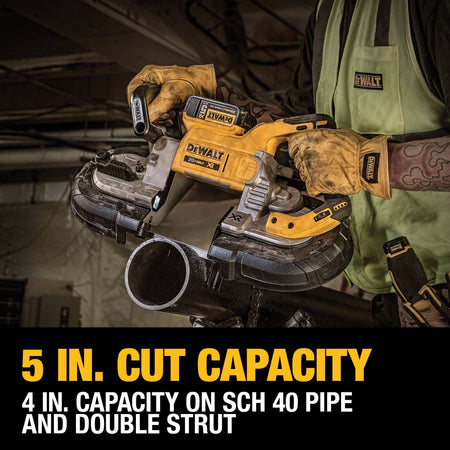 Close up jobsite action photograph of a trade professional sectioning a heavy duty metal pipe with a prominent information banner stating 5 in cut capacity and 4 in capacity on SCH 40 pipe and double strut