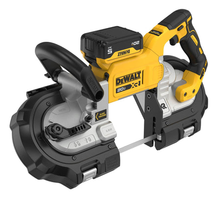 High angle perspective view of the DEWALT DCS374P2 deep cut bandsaw highlighting the front stabilizing auxiliary handle attached 20V MAX battery pack blade tracking knob and the 44-7/8 inch bimetal bandsaw blade