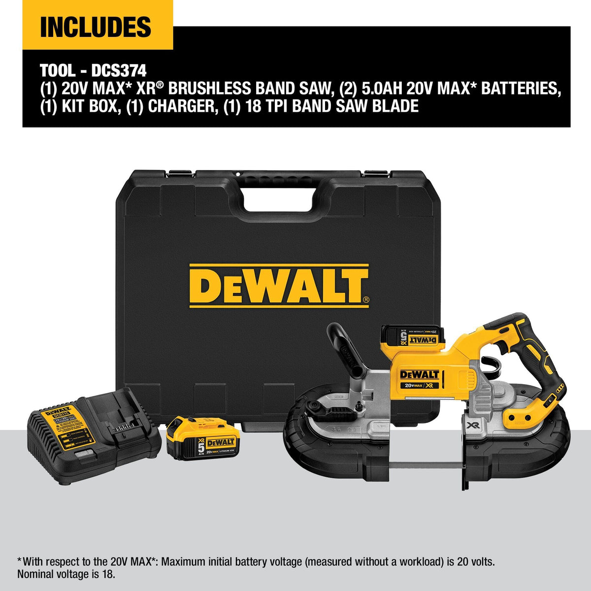 DEWALT DCS374P2 power tool kit items shown over a grey split background displaying the portable bandsaw body 20V MAX XR battery fast charger accessory and protective hard carry case with legal battery voltage fine print