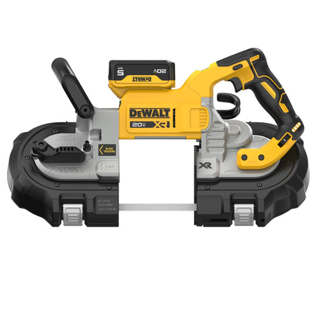 Symmetrical side profile view of the DEWALT DCS374P2 cordless portable bandsaw showcasing the 5 inch open cutting throat alignment yellow and black motor housing shroud and dual handle points of contact