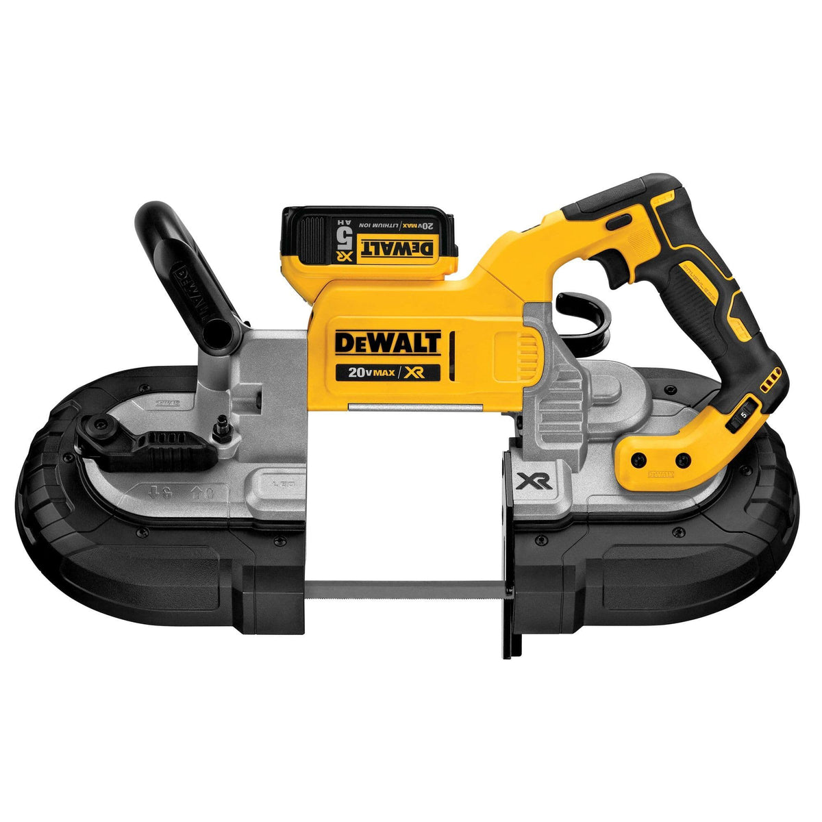 Direct side profile studio shot of the DEWALT DCS374P2 portable bandsaw assembly on a solid white backdrop emphasizing the balanced lightweight frame configuration for commercial overhead applications