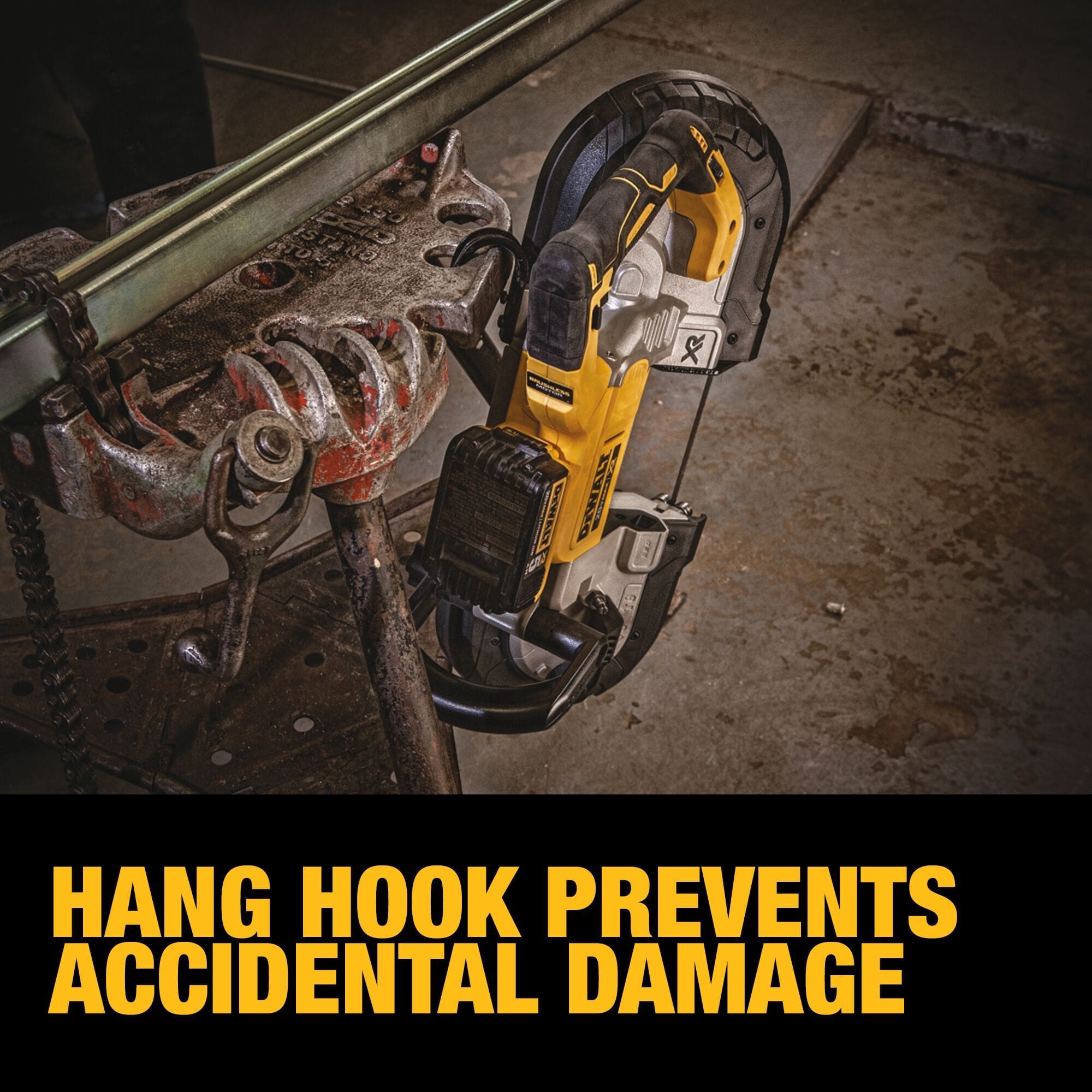An industrial workshop scene showing the DEWALT DCS374P2 portable bandsaw suspended safely from a pipe vise stand with a bold text overlay highlighting that the hang hook prevents accidental damage to the tool handles