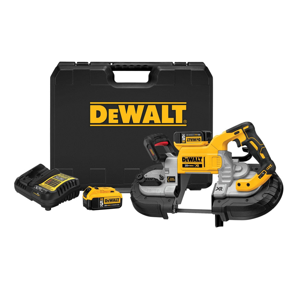 DEWALT DCS376P2 20V MAX cordless portable bandsaw kit pieces showing the brushless deep cut power tool with dual switch activation, two 5.0 Ah lithium-ion batteries, a charger, and a black hard-sided storage case with a yellow logo