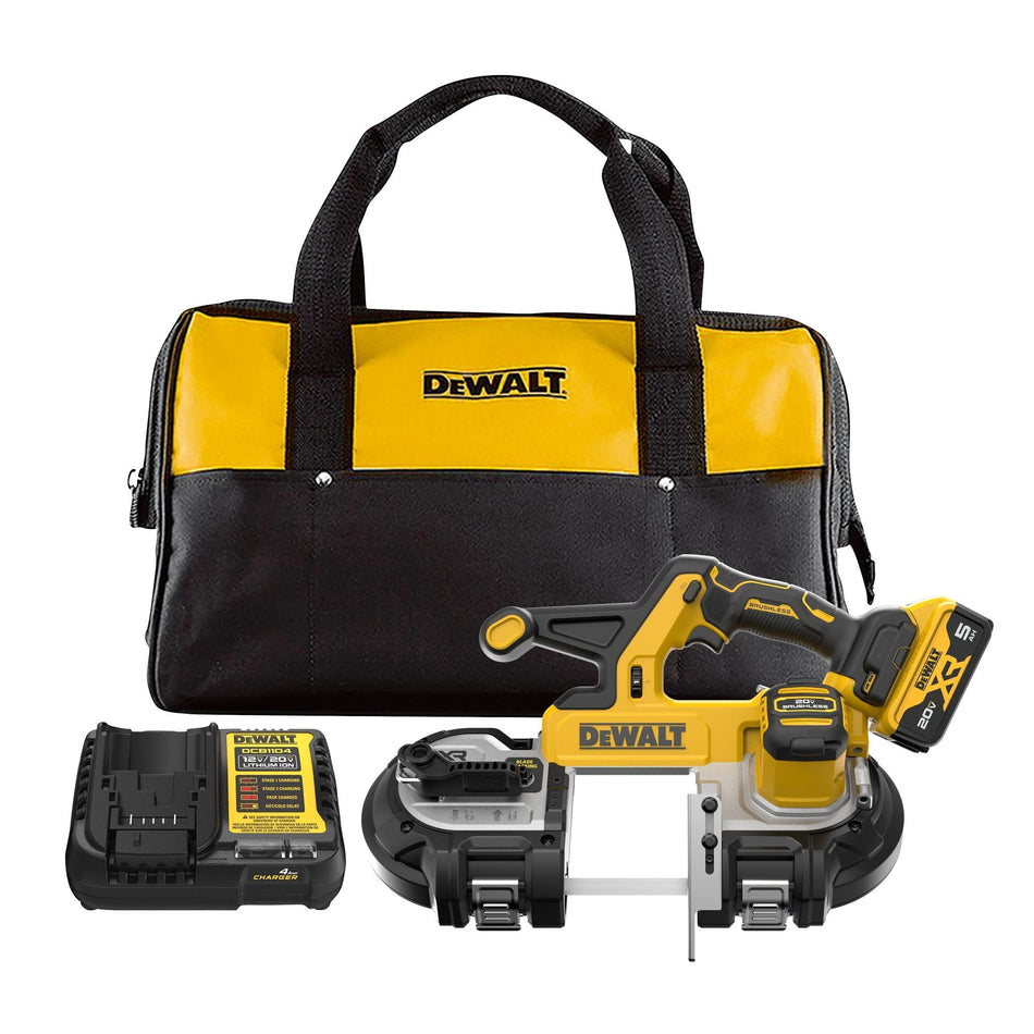 DEWALT DCS378P1 20V MAX XR cordless mid-size portable bandsaw kit components showcasing the brushless power tool with an attached 5.0 Ah battery alongside a compact fast charger and a yellow and black storage bag