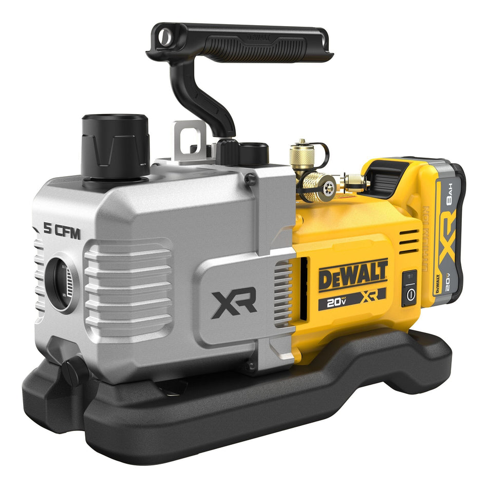 DEWALT DCE510 20V MAX XR 5 CFM cordless vacuum pump shown from an isometric view featuring a grey aluminum front housing, yellow motor body, top carry handle, and an attached 20V MAX XR 8Ah lithium-ion battery on a solid black base plate.