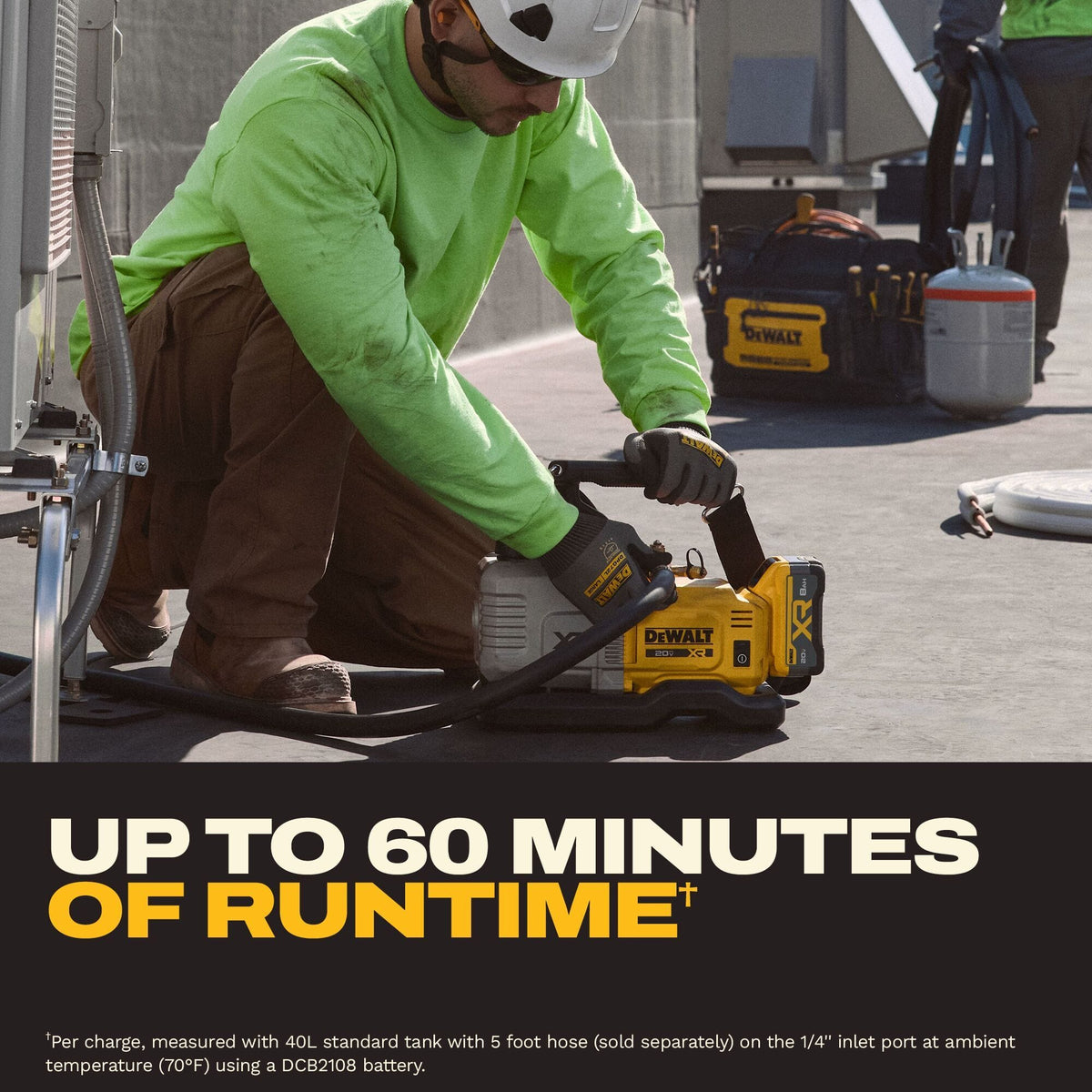 Commercial rooftop HVAC contractor kneeling down to service an air conditioning system with the DEWALT 20V MAX XR cordless vacuum pump, featuring overlay text highlighting up to 60 minutes of runtime per charge.