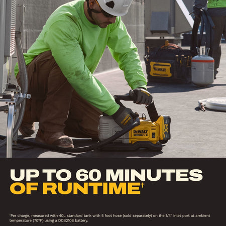 Commercial rooftop HVAC contractor kneeling down to service an air conditioning system with the DEWALT 20V MAX XR cordless vacuum pump, featuring overlay text highlighting up to 60 minutes of runtime per charge.