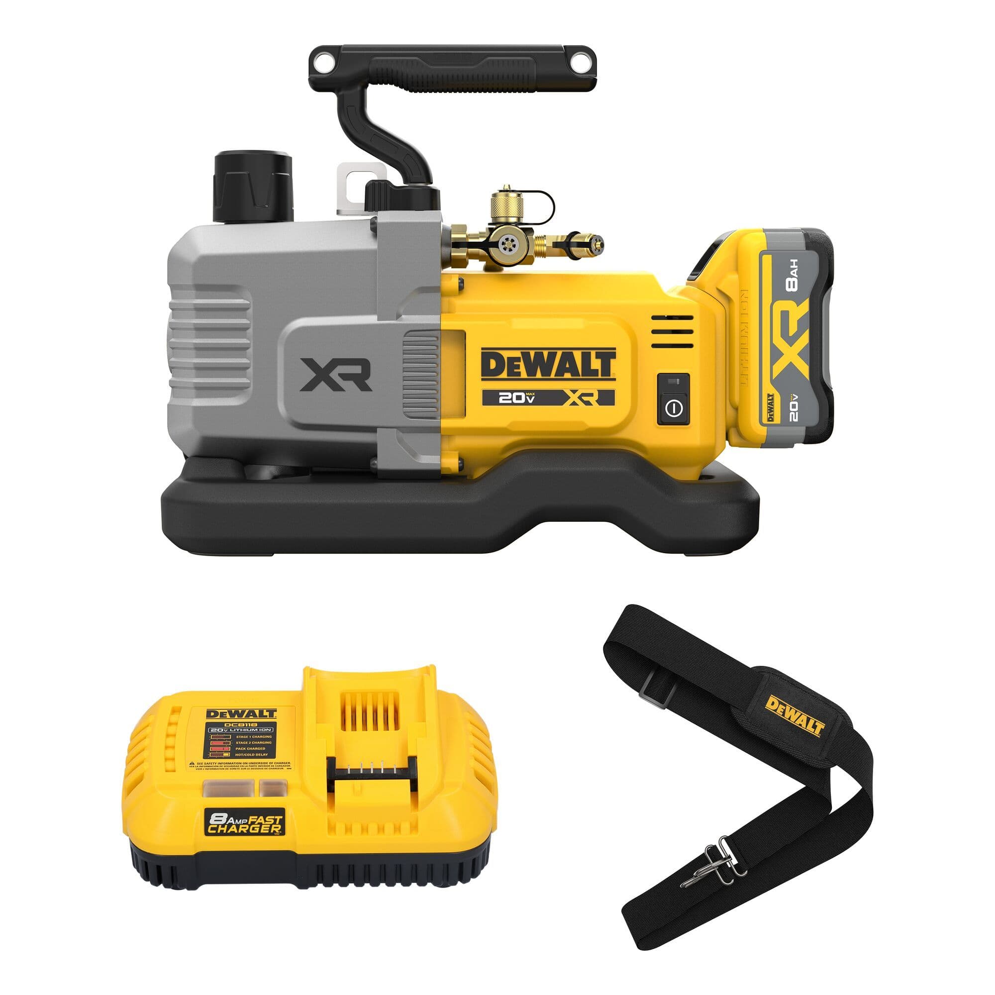 DEWALT DCE510WW1 cordless vacuum pump kit components laid out on a white background, including the 5 CFM pump with an attached 8Ah powerpack battery, a yellow DCB118 fast charger, and an adjustable black shoulder strap with gold branding.
