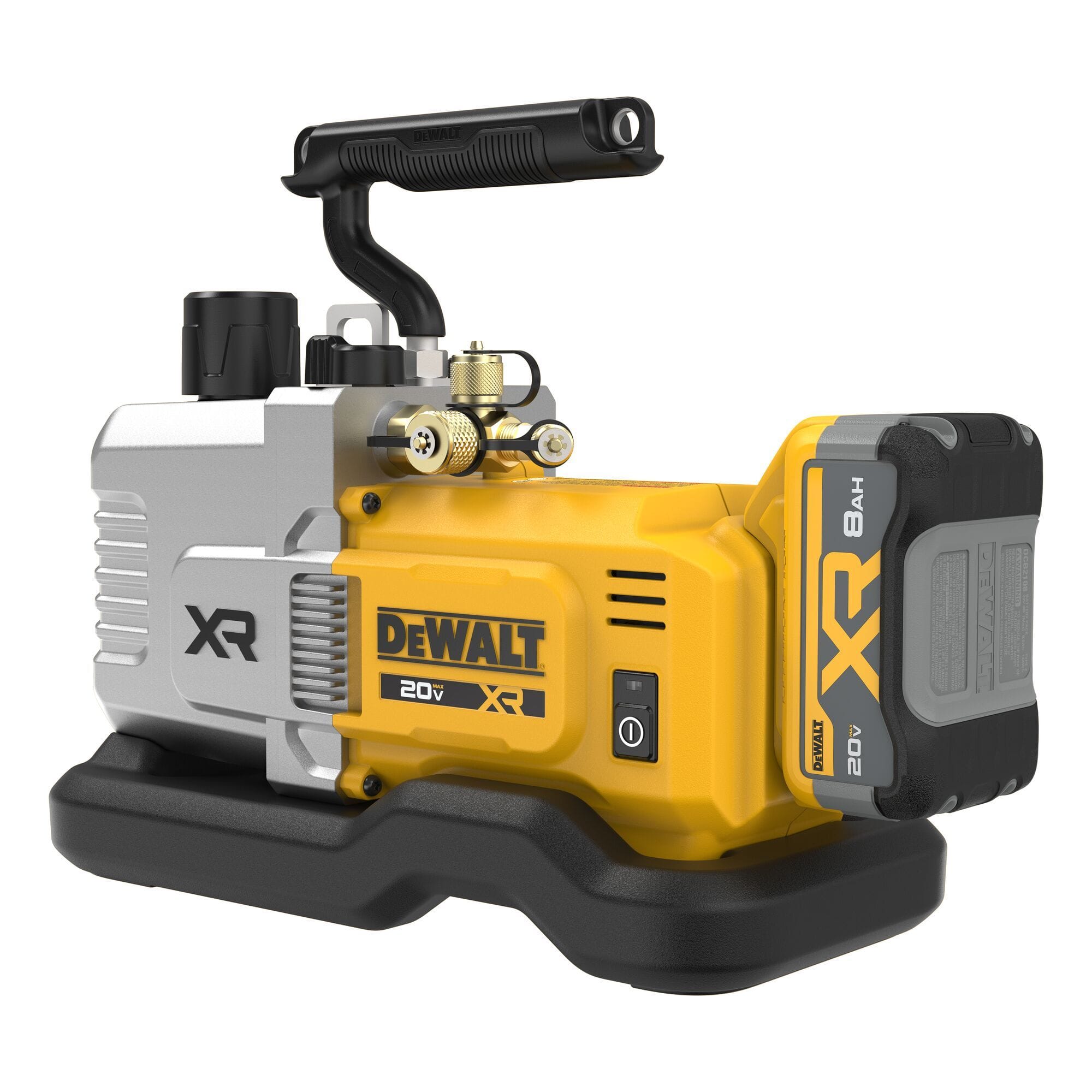 Rear three-quarter perspective of the yellow DEWALT DCE510 HVAC vacuum pump showcasing the slot-mounted 20V MAX XR 8Ah lithium-ion battery pack and heavy-duty motor housing details.