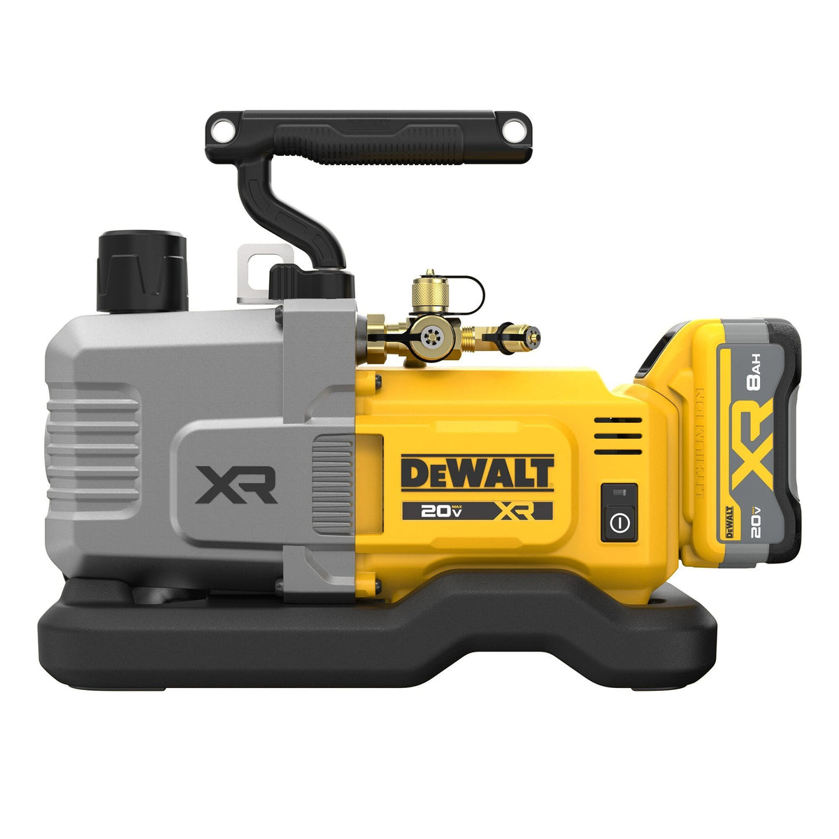 Left side profile view of the DEWALT DCE510 cordless vacuum pump highlighting the grey metal front housing with embossed XR branding, an oil level indicator window, and the molded black composite base.