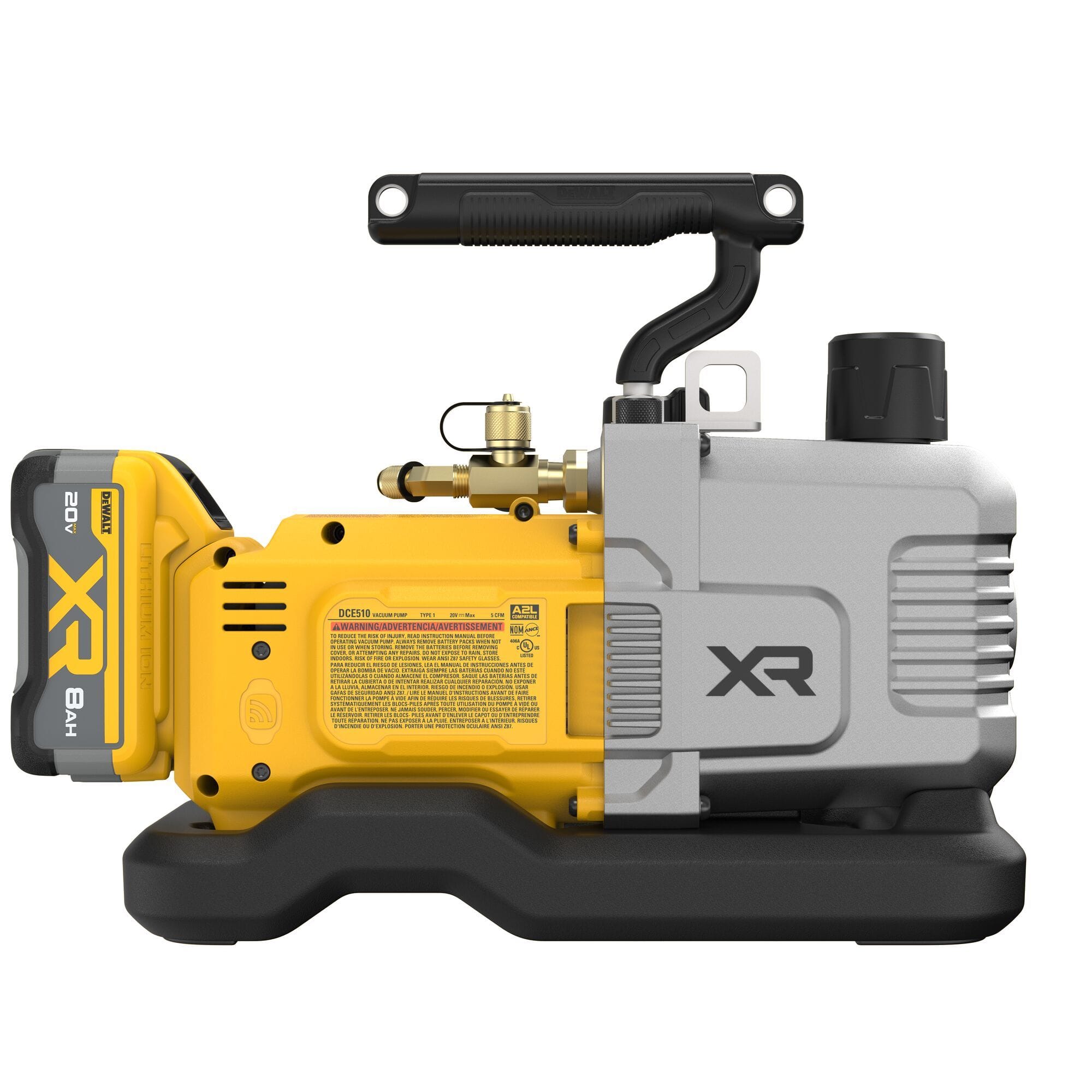 Right side profile view of the yellow DEWALT DCE510 vacuum pump showing product identification decals, technical specifications, the technical warning label, the power switch, and brass plumbing fittings.