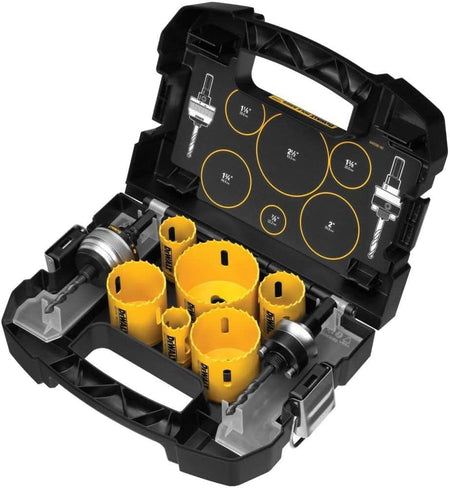 DEWALT hole saw kit in black and yellow case with diagram listing saw sizes from 1" to 3", organized for efficient selection and storage