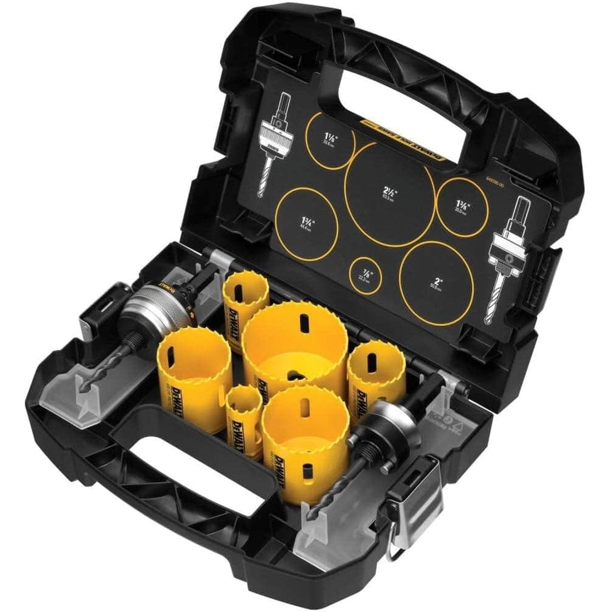 DEWALT hole saw kit in black and yellow case with diagram listing saw sizes from 1" to 3", organized for efficient selection and storage