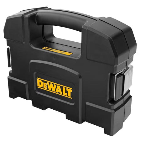 Black DEWALT ToughSystem tool case with yellow logo, sturdy handle, and secure latches, designed for portable and durable tool storage.