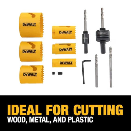 DEWALT hole saw set with five yellow saws, two mandrels, an Allen wrench, and accessory piece, labeled for cutting wood, metal, and plastic.
