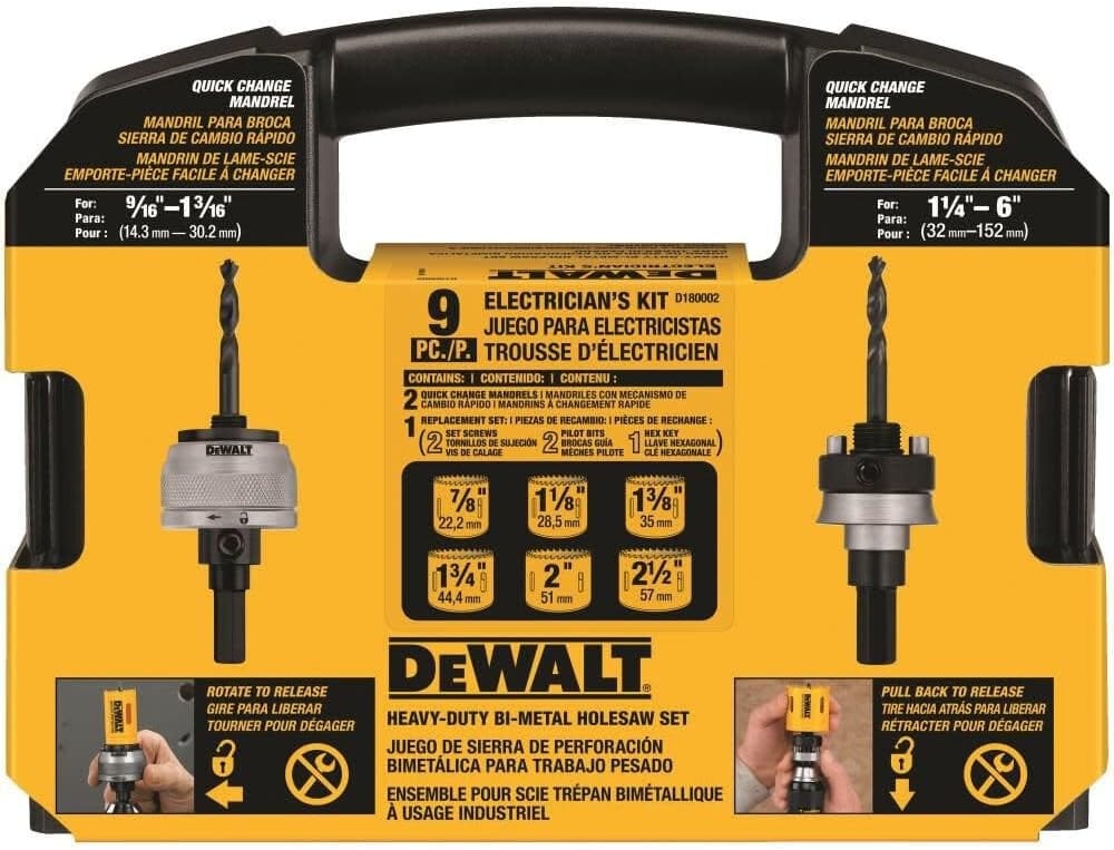 DEWALT Electrician’s Kit packaging with handle, labeled as 9-piece bi-metal hole saw set with quick-change mandrels and sizes for electrical work.
