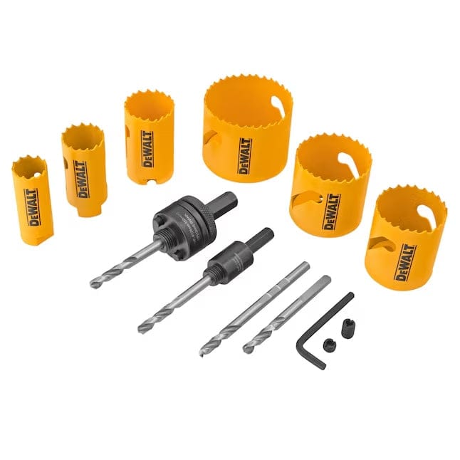 DEWALT hole saw set with six yellow saws, two mandrels, two pilot bits, two hex keys, and accessory piece, arranged for cutting wood, metal, or plastic.