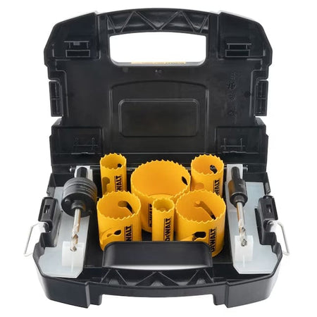 DEWALT hole saw kit in molded black case with multiple yellow saws, mandrels, and hex key, designed for precise circular cuts in various materials.