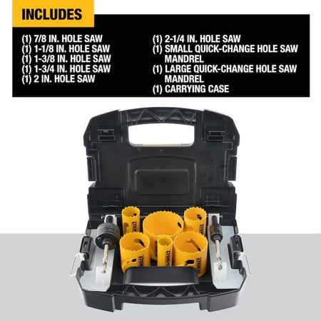 DEWALT hole saw kit in black case with labeled contents including six hole saws, two mandrels, and carrying case, organized for easy transport.