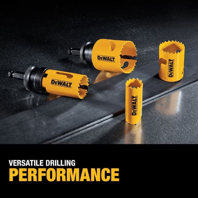 Four yellow DEWALT hole saw drill bits of varying sizes on dark surface, labeled “VERSATILE DRILLING PERFORMANCE.”