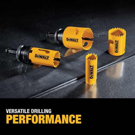 Four yellow DEWALT hole saw drill bits of varying sizes on dark surface, labeled “VERSATILE DRILLING PERFORMANCE.”