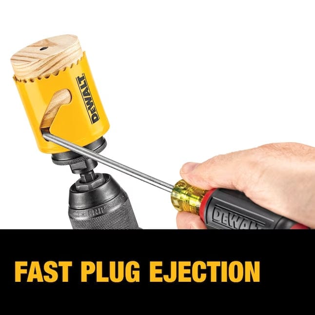 Hand using screwdriver to eject wooden plug from DEWALT hole saw via side slot, with text reading “FAST PLUG EJECTION.”