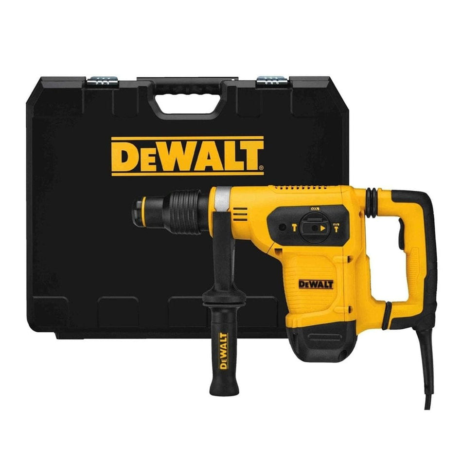 DEWALT rotary hammer drill positioned in front of black carrying case with yellow DEWALT logo. Tool features side handle and mode selector switch.