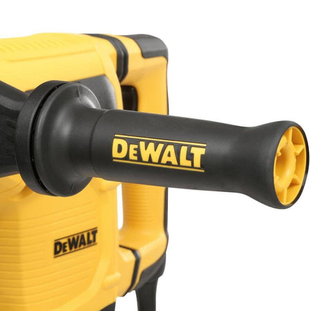 Close-up of DEWALT rotary hammer drill handle and body showing ergonomic design and dual DEWALT logos.