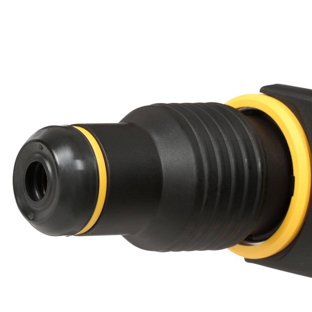 Close-up of black and yellow connector nozzle with ribbed grip and central opening, likely part of a DEWALT rotary hammer accessory.