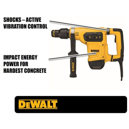 Close-up of DEWALT rotary hammer drill highlighting SHOCKS vibration control and impact energy power for hard concrete.
