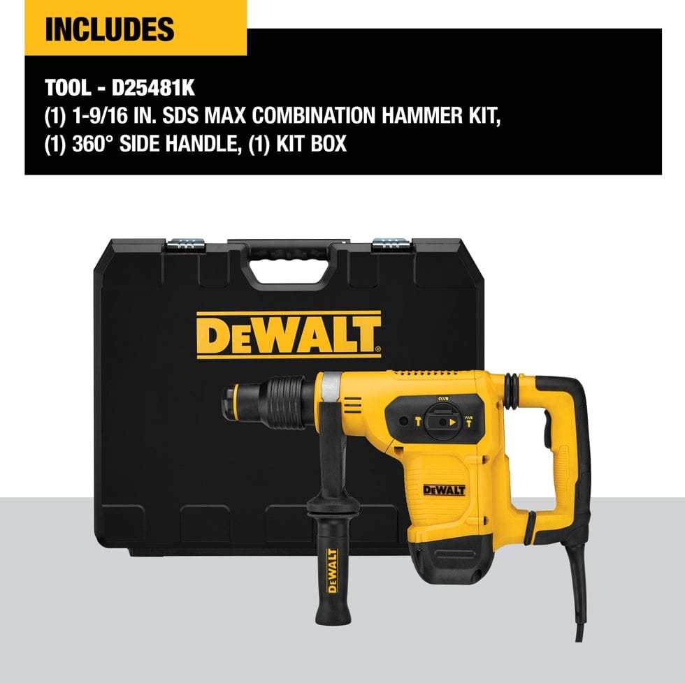 DEWALT D25481K rotary hammer kit displayed with drill, 360° side handle, and black kit box labeled with included components.