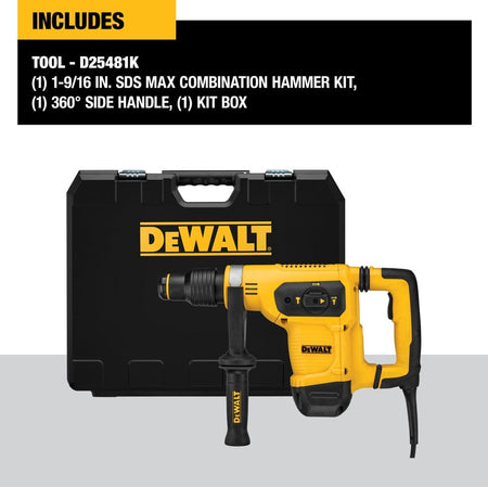DEWALT D25481K rotary hammer kit displayed with drill, 360° side handle, and black kit box labeled with included components.