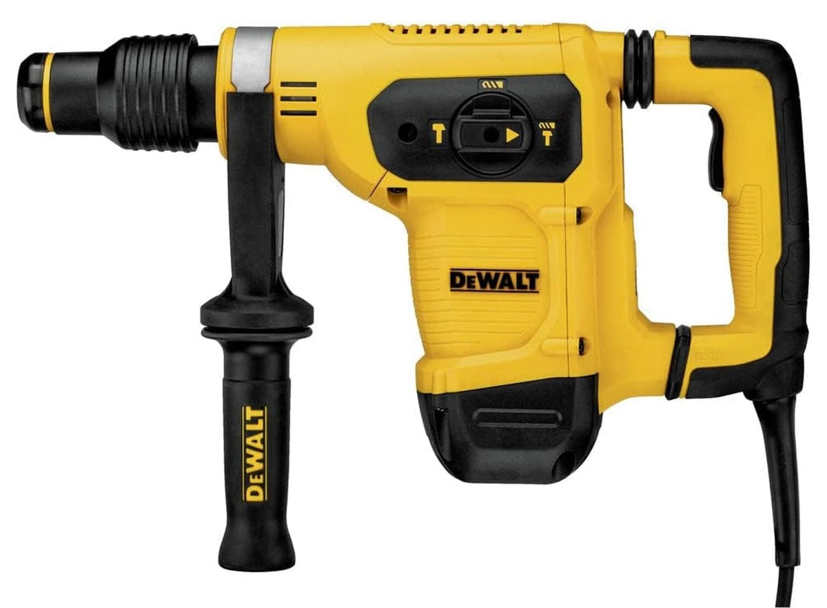 Side view of DEWALT rotary hammer drill showing mode selector switch, side handle, and corded power design.