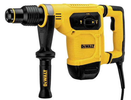 Angled view of DEWALT rotary hammer drill with visible mode selector icons for drill, hammer, and chisel functions.