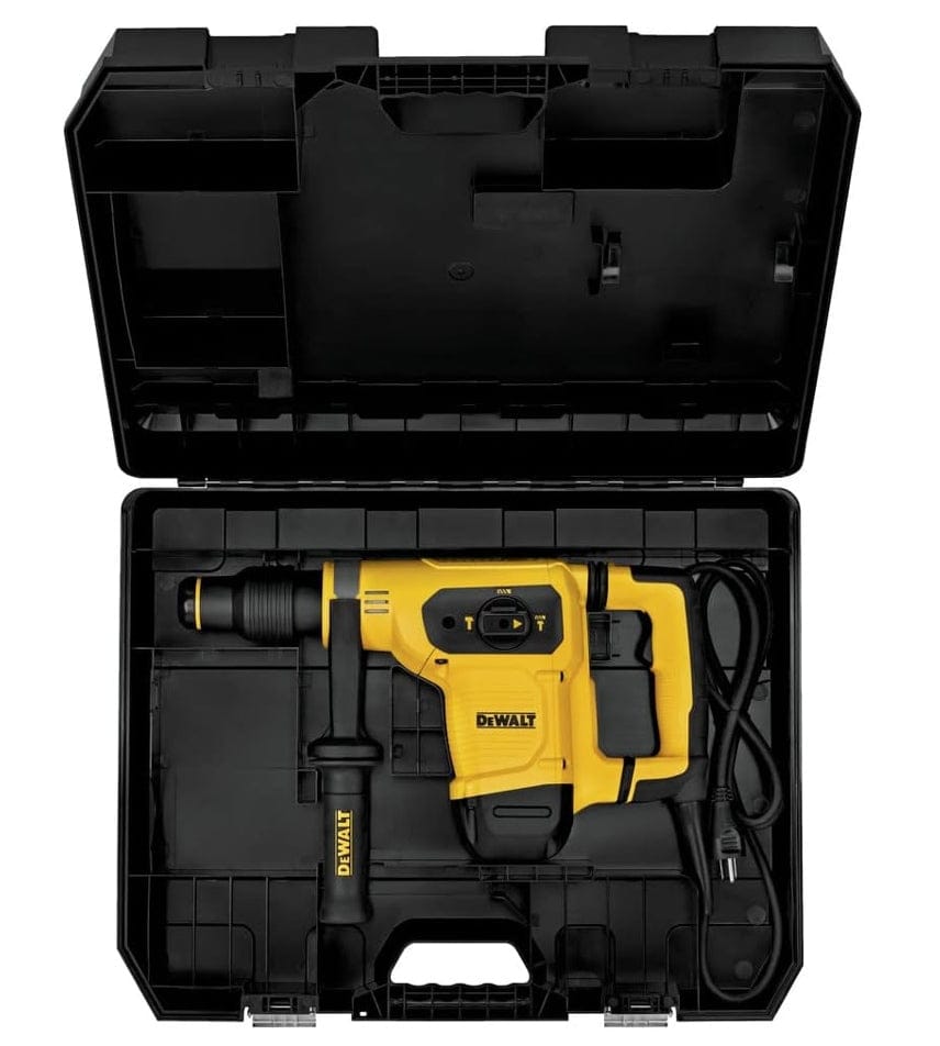 DEWALT rotary hammer drill stored inside molded black carrying case with coiled power cord and accessory compartments.
