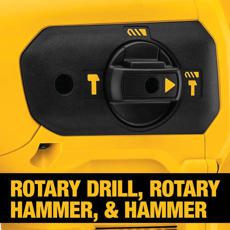 Close-up of mode selector switch on DEWALT rotary hammer drill showing icons for rotary drill, rotary hammer, and hammer modes.