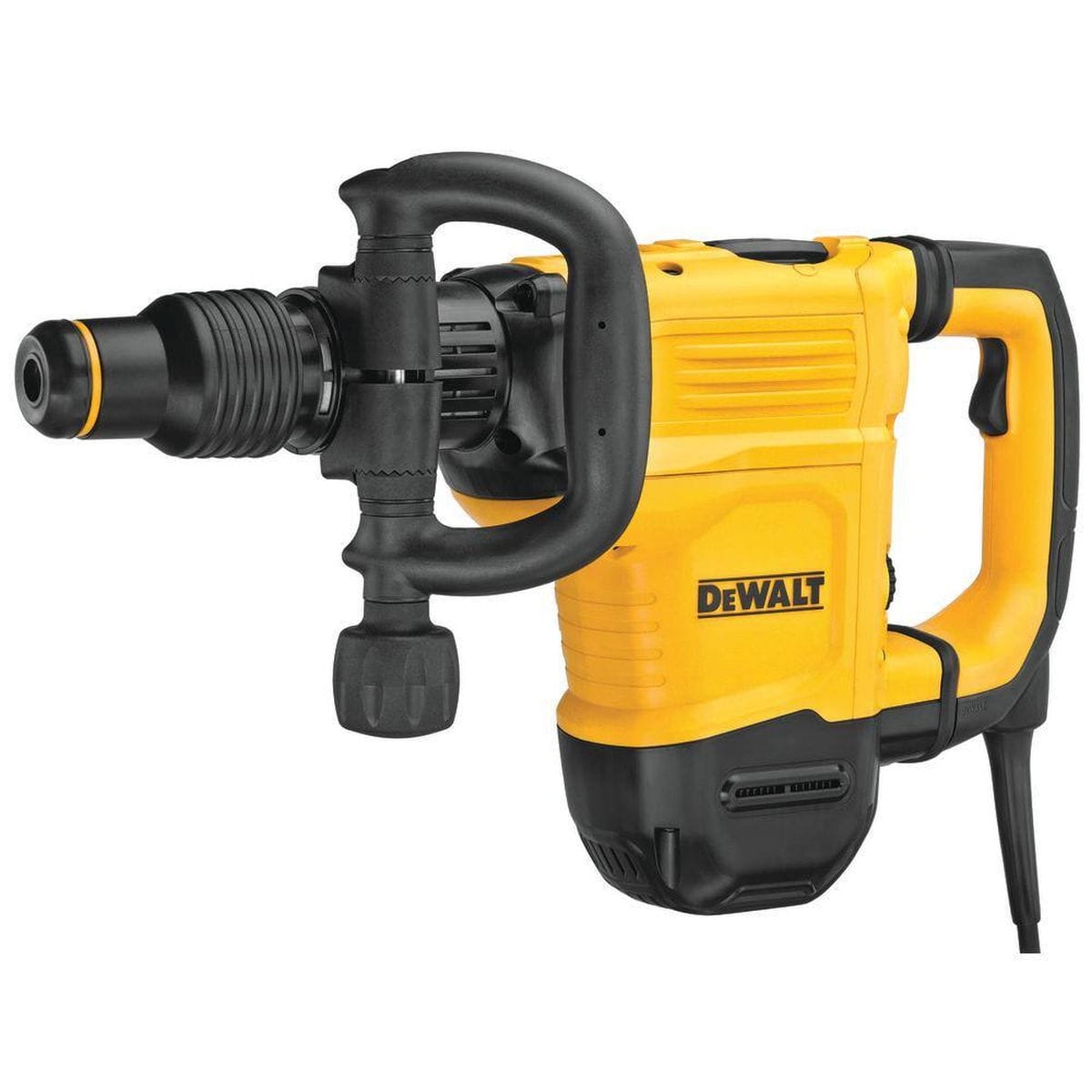 Three-quarter studio view of the DEWALT D25892K chipping hammer highlighting the SDS MAX chuck system, variable speed dial, and ergonomic trigger handle designed for heavy-duty structural demolition.