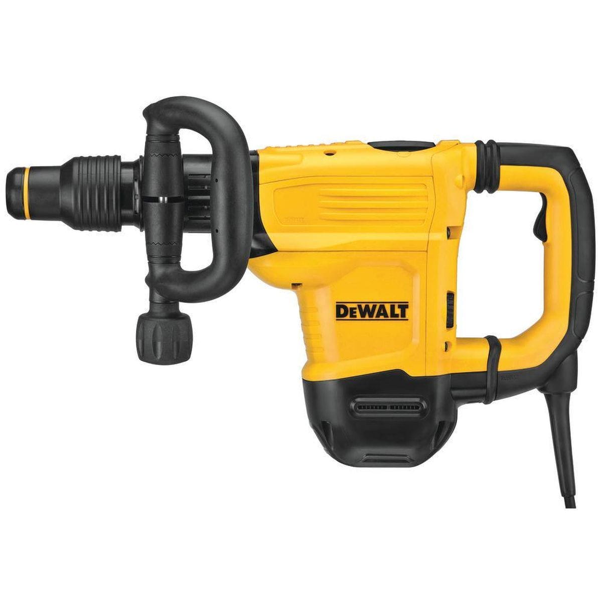 Side profile of the DEWALT 22 lb SDS MAX demolition hammer featuring a 15 Amp motor, adjustable D-ring side handle, and SHOCKS Active Vibration Control for professional concrete chipping applications.
