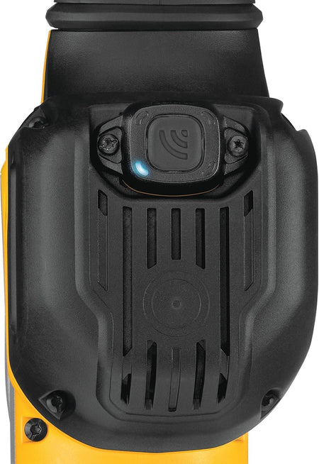 Close-up view of the DEWALT Tag Ready pocket on the D25892K chipping hammer, showing the integrated mounting point for a Tool Connect chip to enable digital inventory management and location tracking.