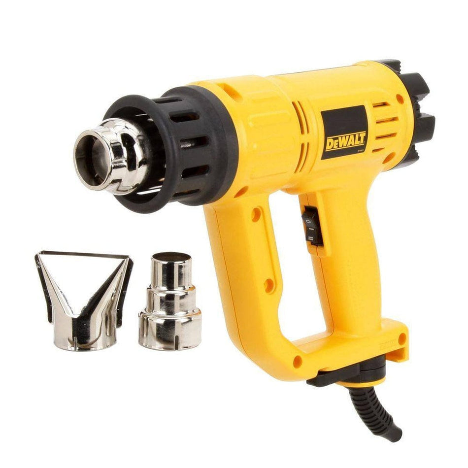 Perspective view of the DEWALT D26950 heavy-duty variable temperature heat gun in signature yellow and black, shown with included cone nozzle and fishtail surface nozzle accessories for concentrated or wide-area heat application.