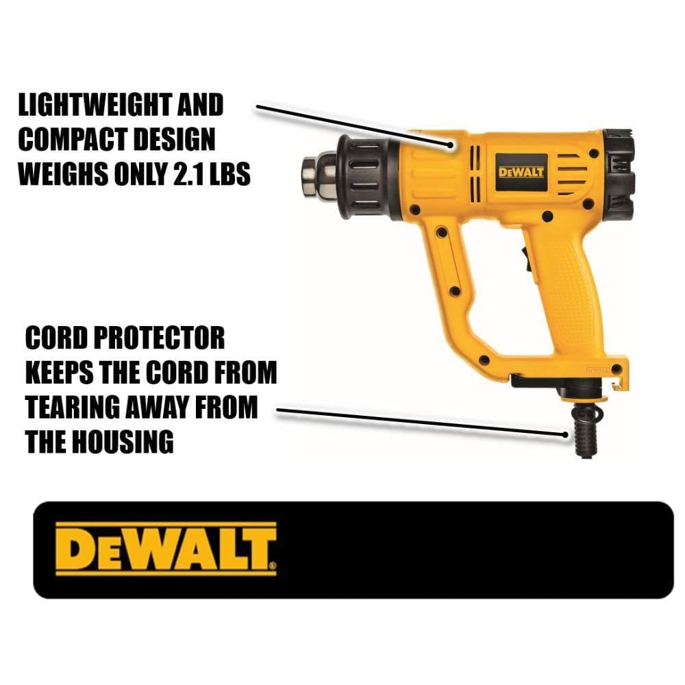 Product feature graphic for the DEWALT D26950 highlighting its lightweight 2.1 lb compact design and the integrated cord protector that prevents the power cable from tearing away from the housing.