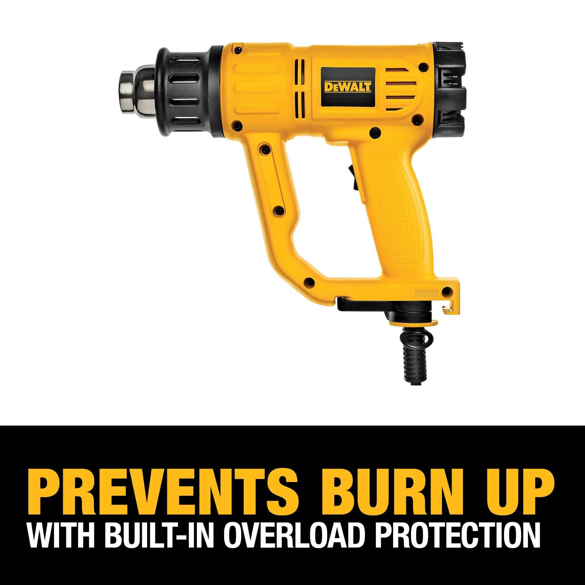 Reliability infographic for the DEWALT variable heat gun highlighting the built-in overload protection system that automatically shuts down the element to prevent burn-up and extend tool life.