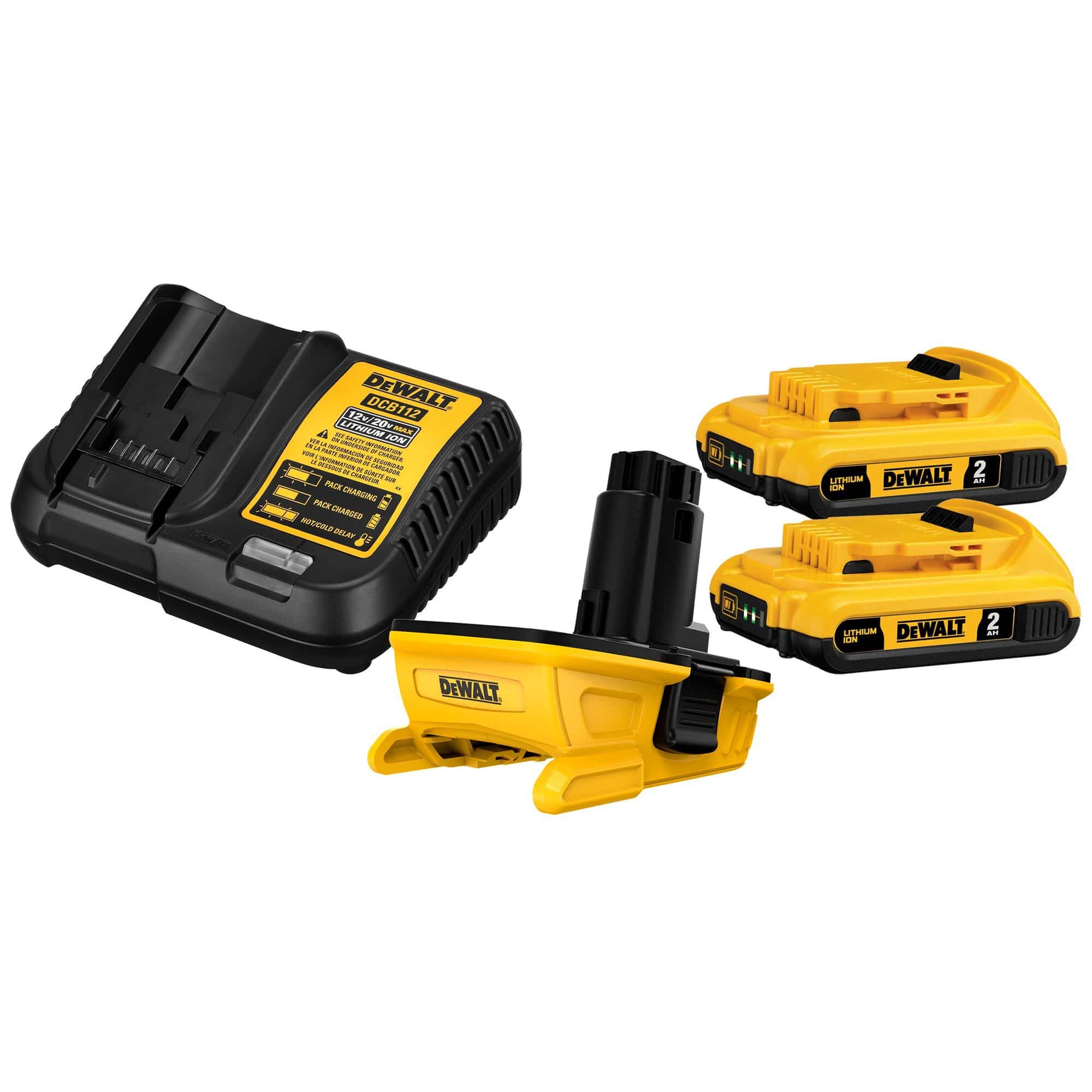 The DEWALT DCA2203C Battery Adapter Combo Kit contents displayed against a white background, including the DCA1820 adapter, two 20V MAX 2.0Ah batteries, and a compact battery charger.