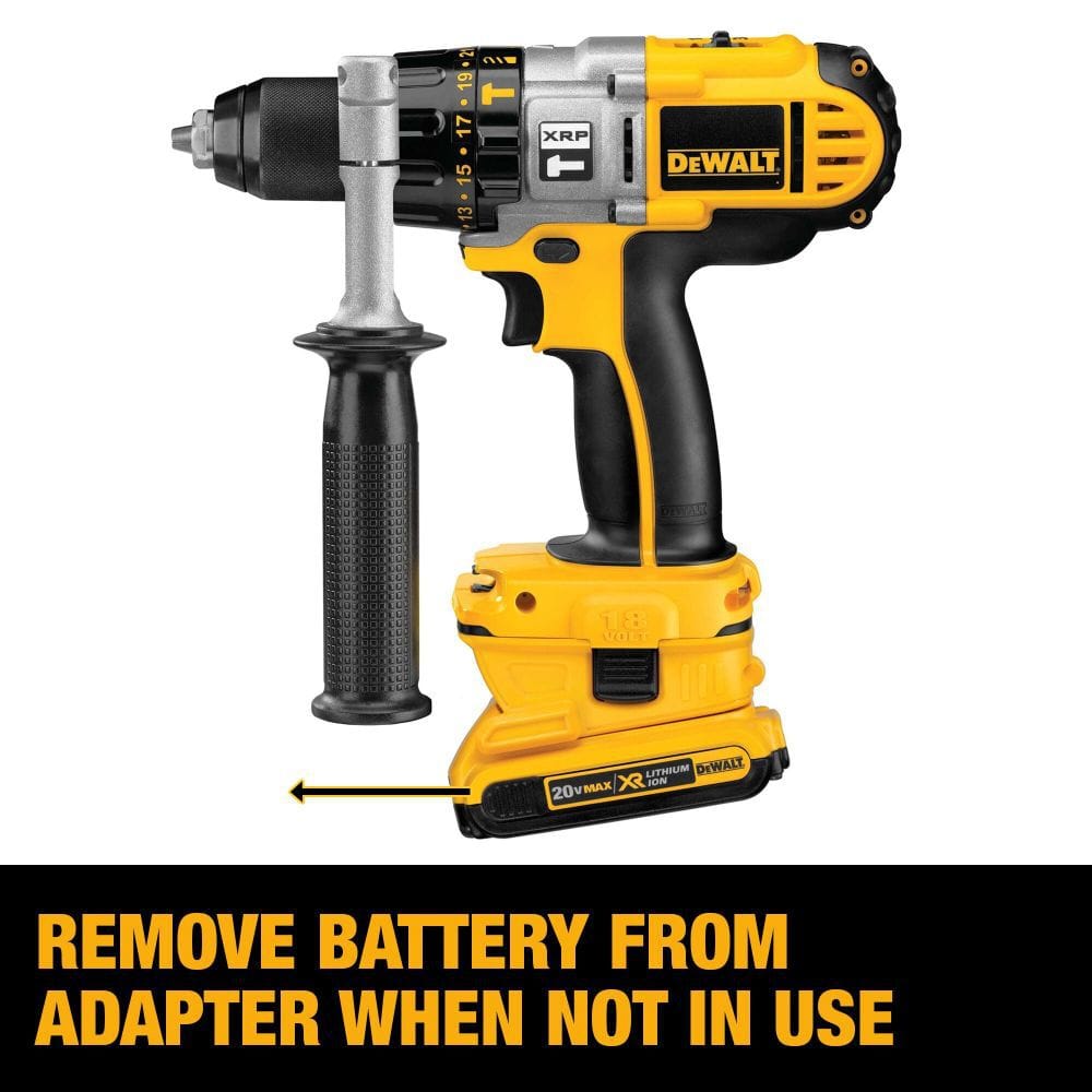A side view of a DEWALT 18V cordless drill with the 20V MAX battery adapter and a DCB203 battery installed, including a warning label advising users to remove the battery from the adapter when the tool is not in use.
