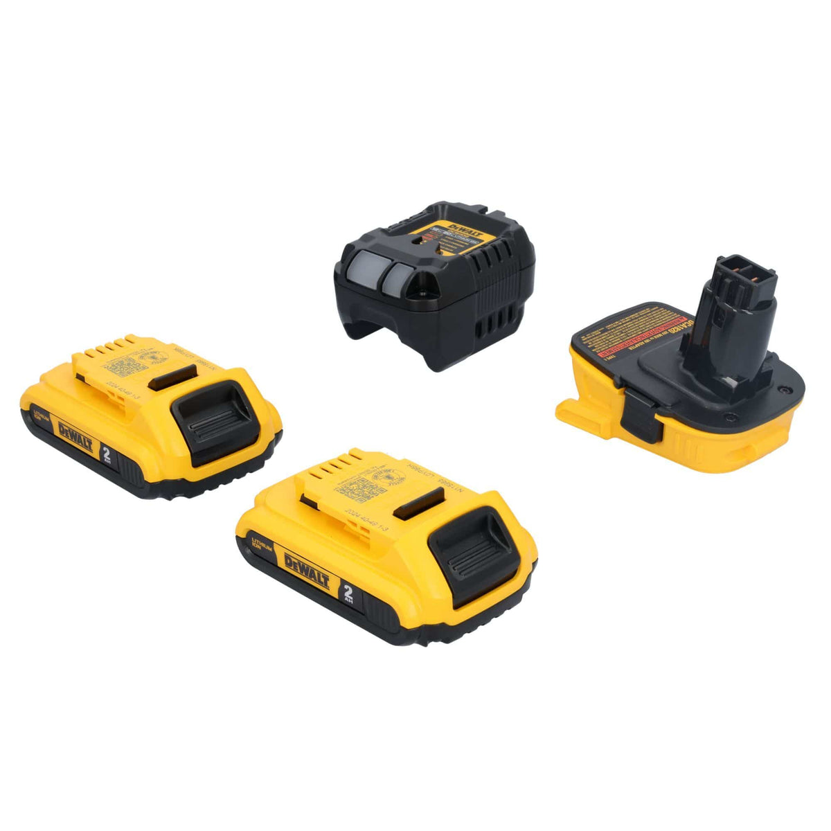 A perspective view of the individual components in the DEWALT 18V to 20V conversion kit, showing the top and bottom connectors of the battery adapter, the compact charger, and two 2.0Ah power packs.