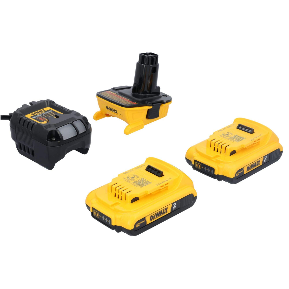 Rear angled view of the DEWALT lithium-ion conversion kit, showcasing the adapter's stem design for 18V tool compatibility and the slide-style 20V MAX battery mounts.