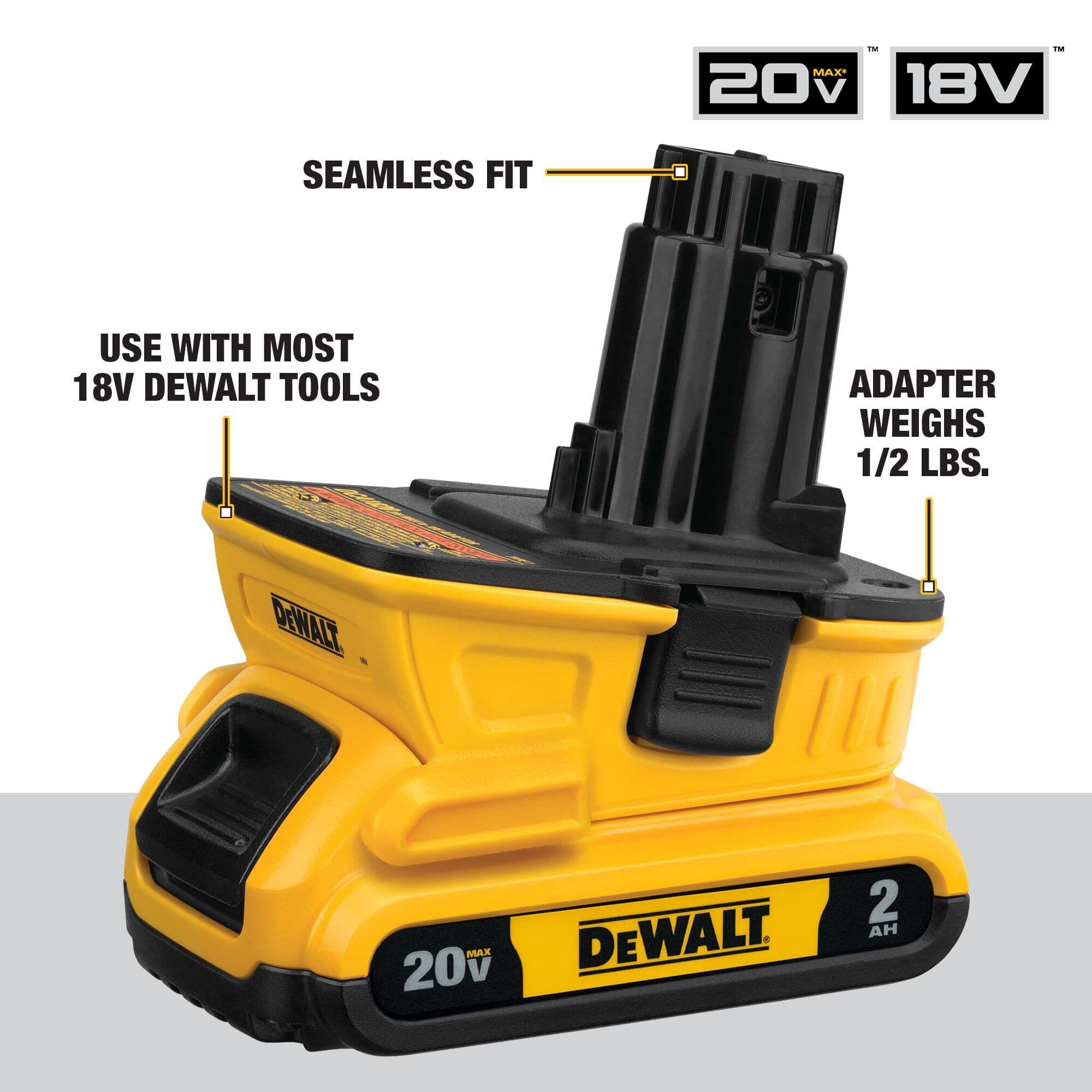 A profile view of the DEWALT DCA1820 adapter attached to a 20V MAX 2.0Ah battery, with labels highlighting the 1/2 lb. lightweight design, seamless fit, and compatibility with most 18V DEWALT tools.