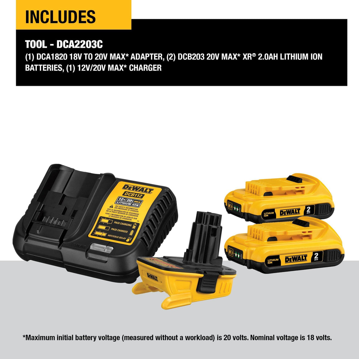 Product image listing the kit contents for the DCA2203C, including one DCA1820 adapter, two DCB203 20V MAX XR 2.0Ah lithium-ion batteries, and one 12V/20V MAX charger.